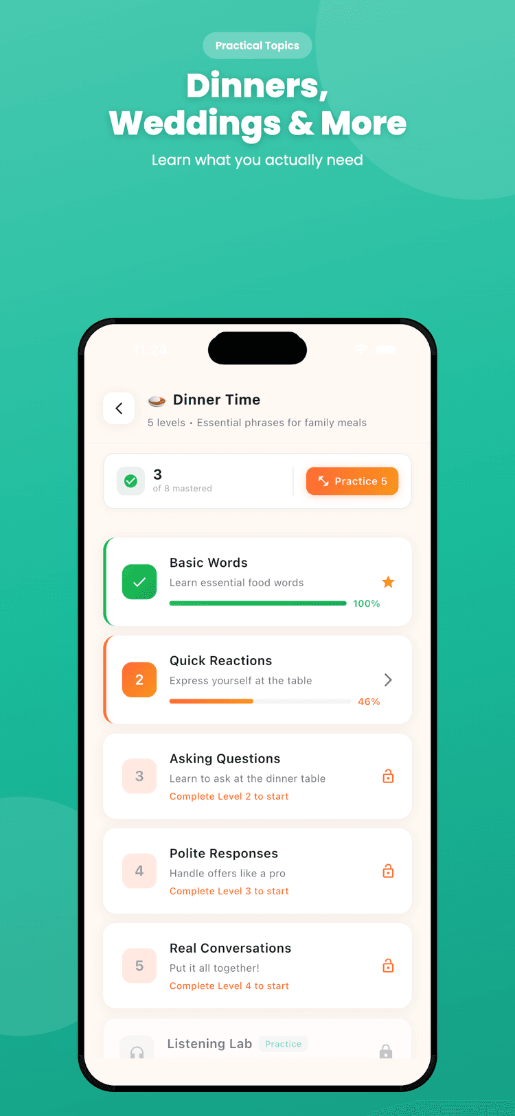 A chapter in the app showing five levels plus a Listening Lab